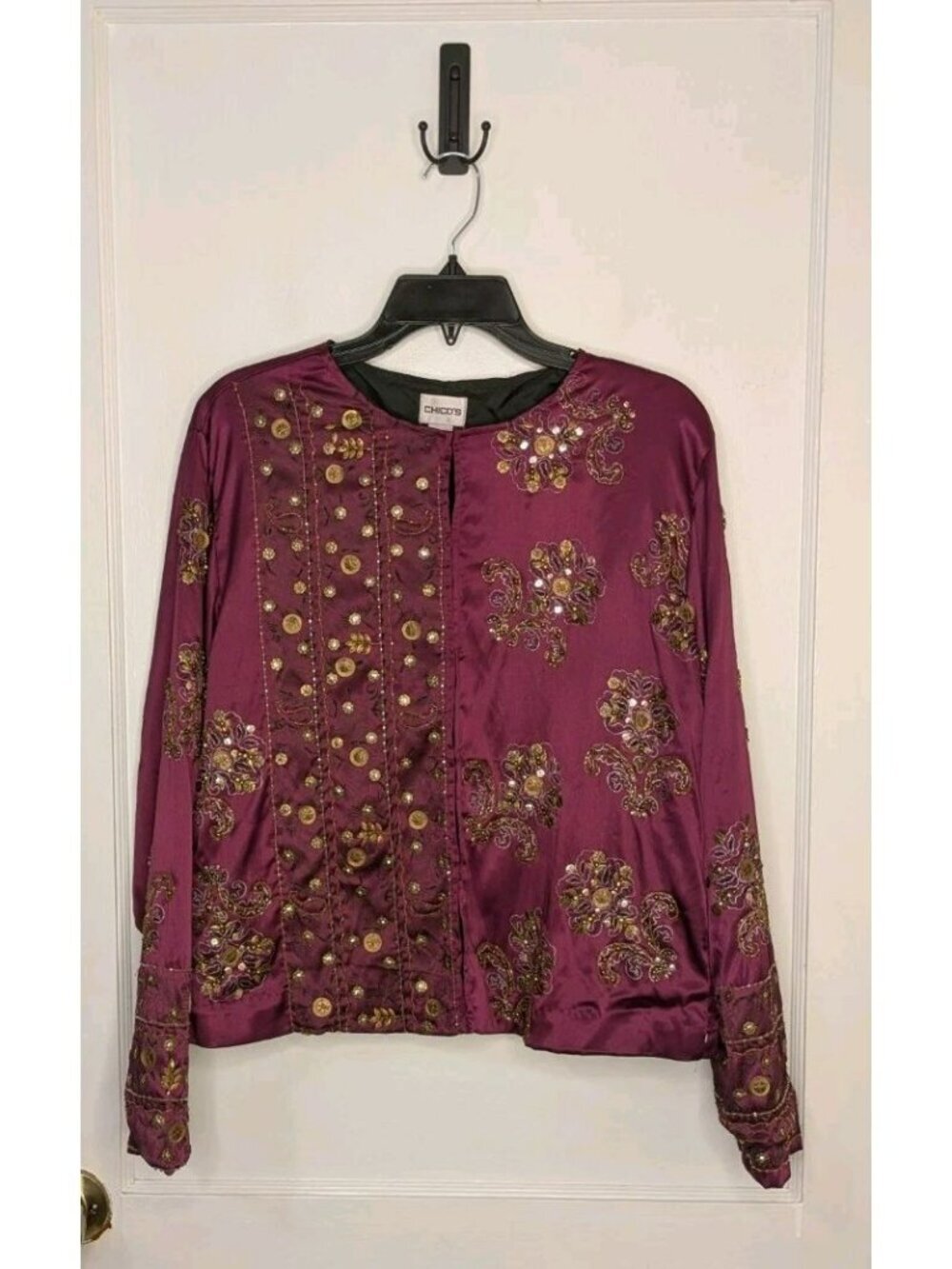 NWT Chico's Size 2 (L/12) Royal Glam Fuschia Ratune Jacket Beaded Satin Jacket
